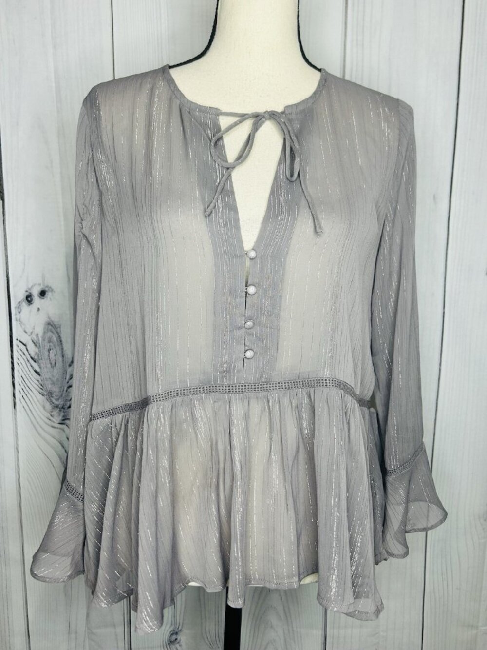 Lush Womens Sz M Semi-Sheer Long Sleeve Tie Front Top Metallic Threading Gray